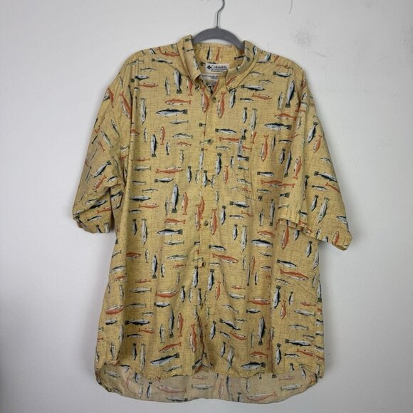 Columbia Men’s Yellow Button Down All Over Fish Print 100% Cotton Size XXL - Picture 1 of 4